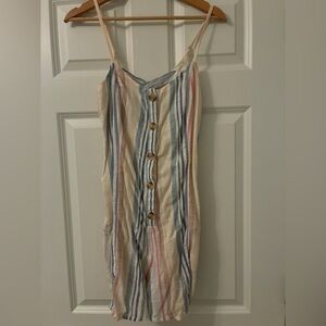 Striped Button-Front Linen Blend romper in Cream, Blue & Pink